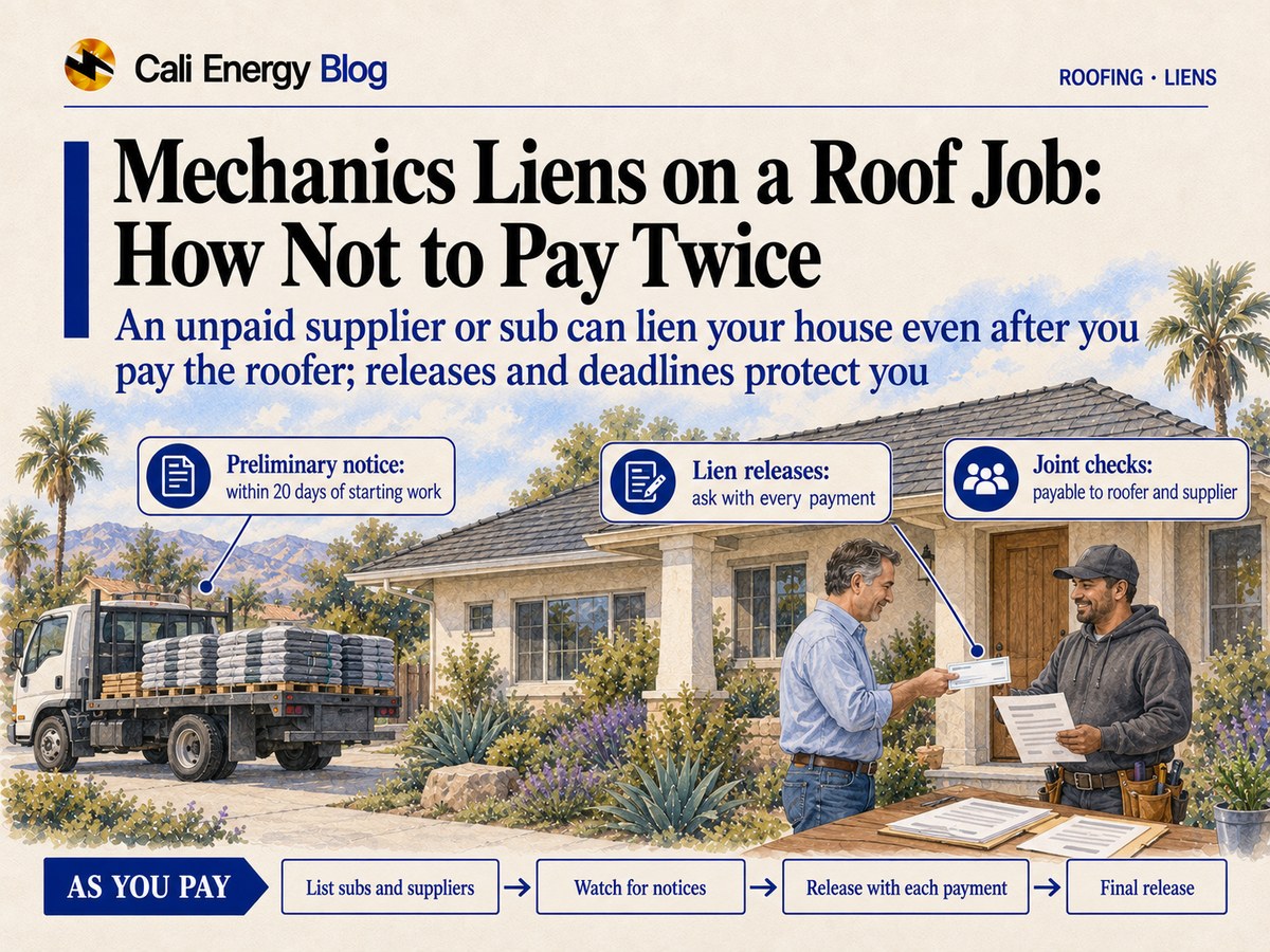 Watercolor-style illustration of a homeowner handing a check to a roofer on the porch of a Southern California house with a new shingle roof, the roofer handing back a signed document, and an unmarked supply truck loaded with shingle bundles in the driveway