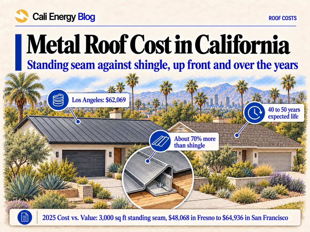 Watercolor-style illustration of two neighboring one-story Los Angeles houses, one with a dark gray standing-seam metal roof and one with asphalt shingles, with a close-up of a standing seam over its hidden clip and palms, mountains and the downtown skyline behind