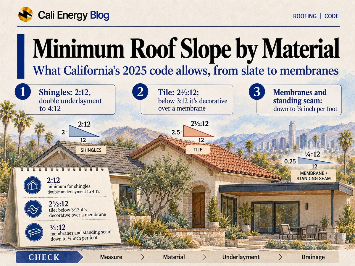 Watercolor illustration of a Southern California house with a shingle wing, a tile main roof and a nearly flat patio cover, each labeled with its slope: 2:12, 2½:12 and 1/4:12