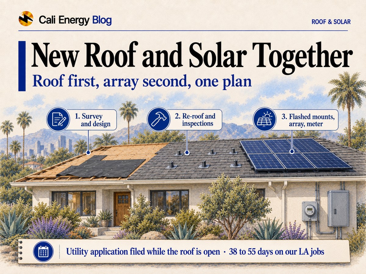 Watercolor-style illustration of a one-story Los Angeles house showing a new roof and solar in three stages from left to right: the old roof stripped to the deck with new underlayment going down, new shingle with flashed solar mounts, and finished solar panels, with a meter and service panel on the wall and palms and mountains behind