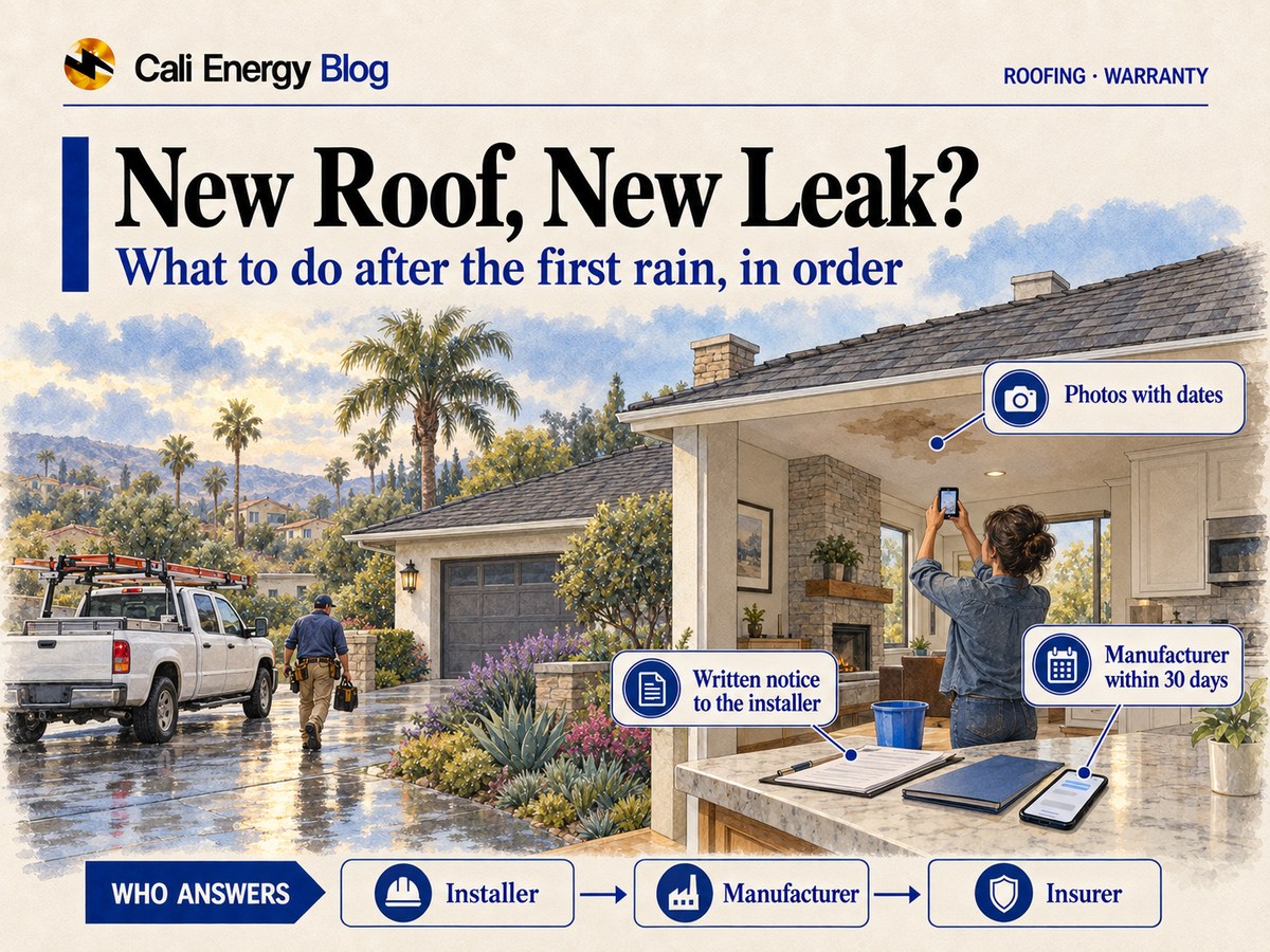 Watercolor illustration of a Southern California house with a new shingle roof after the first rain, a homeowner photographing a fresh ceiling stain near the chimney, warranty papers and a phone on the counter, and a roofer arriving outside