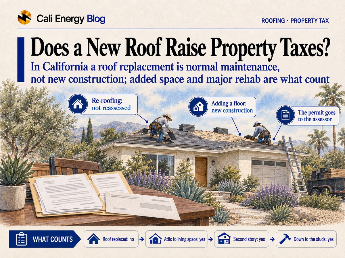 Watercolor illustration of roofers laying a new roof on a one-story Southern California house, with a folder of papers and an envelope on a table in the foreground