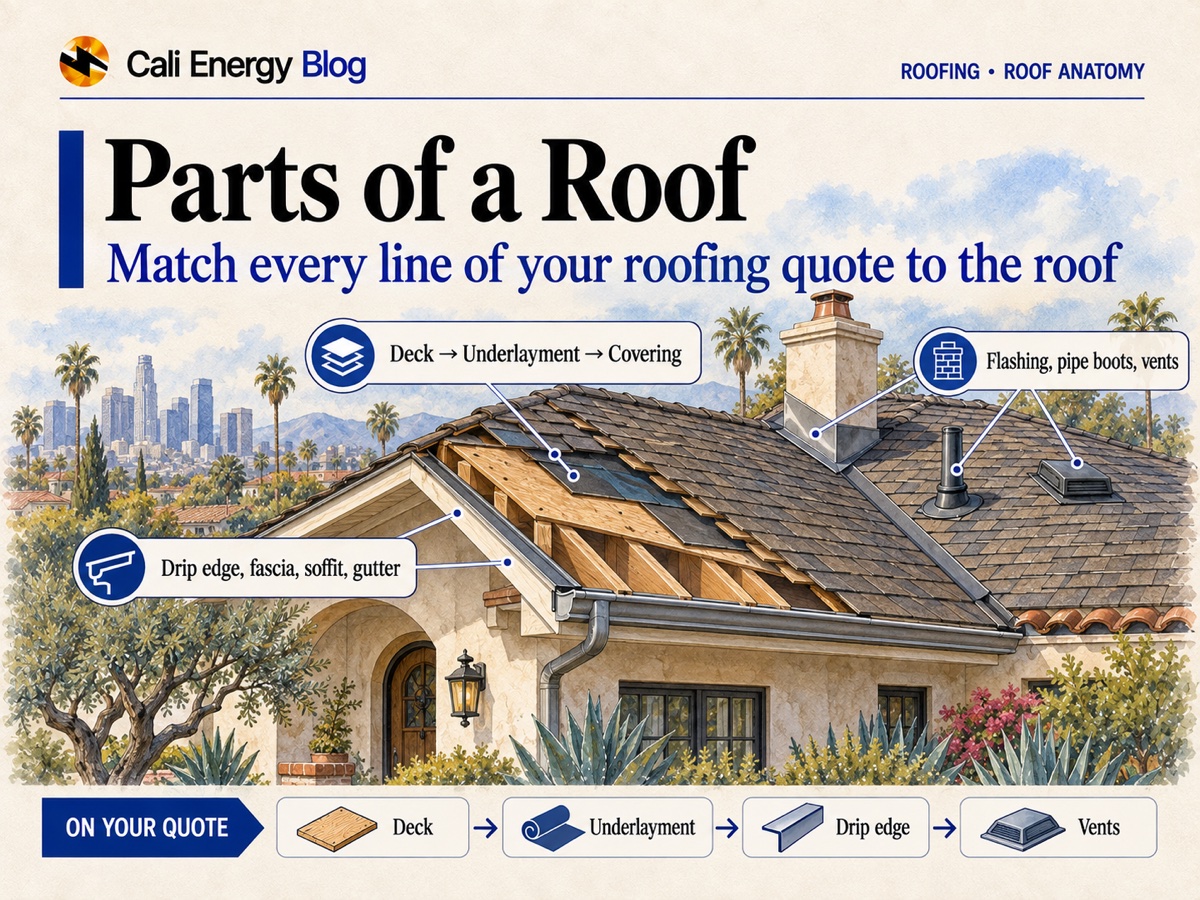 Illustration of a Los Angeles house with part of the roof cut away to show the rafters, deck, underlayment and shingles, with the drip edge, gutter and roof vents labeled