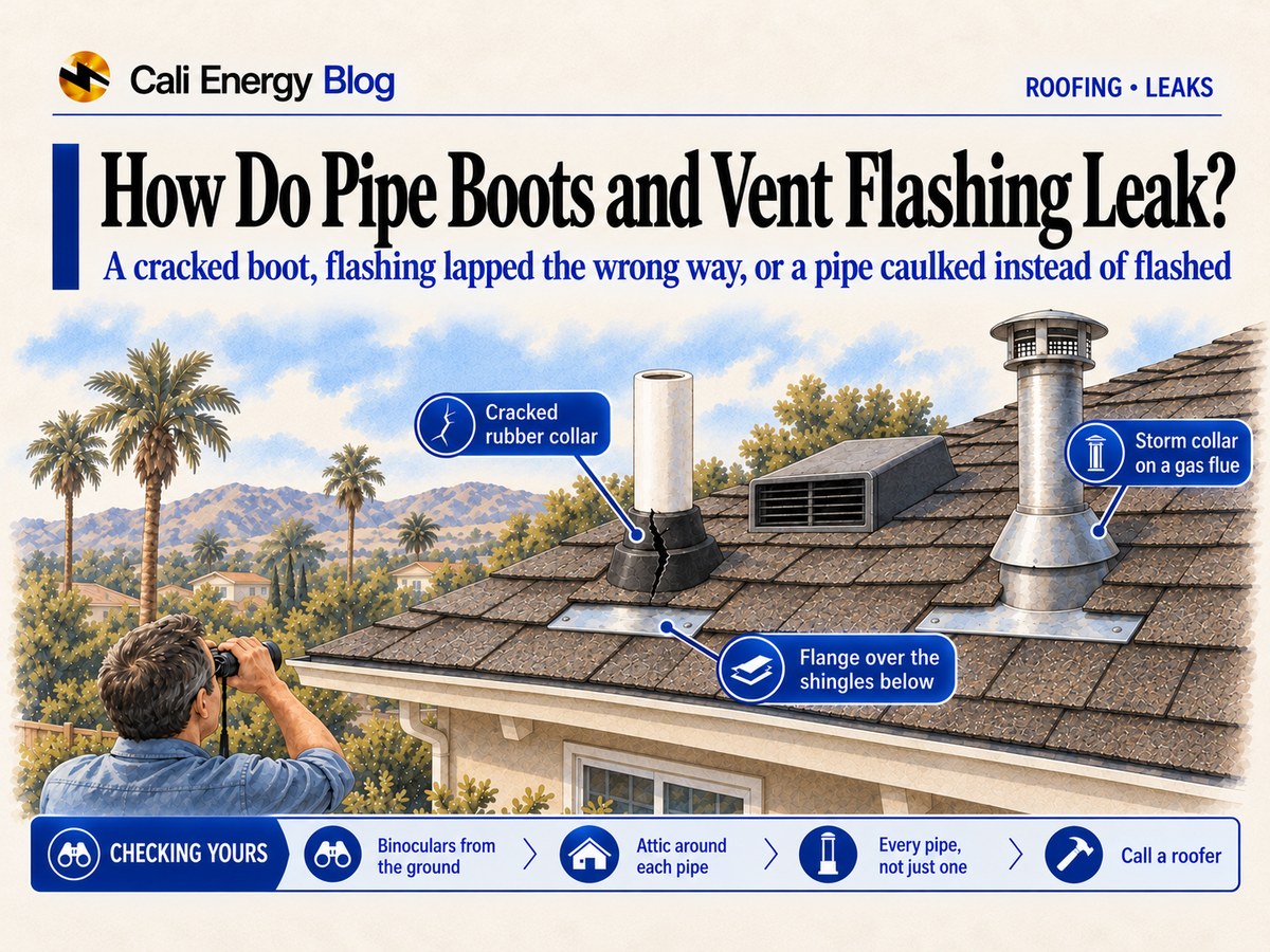 Watercolor-style illustration of a Southern California shingle roof with a plumbing vent in a rubber boot with a cracked collar, a gas flue with a storm collar and an attic vent, the shingles above lapped over each flange, and a homeowner checking the roof with binoculars