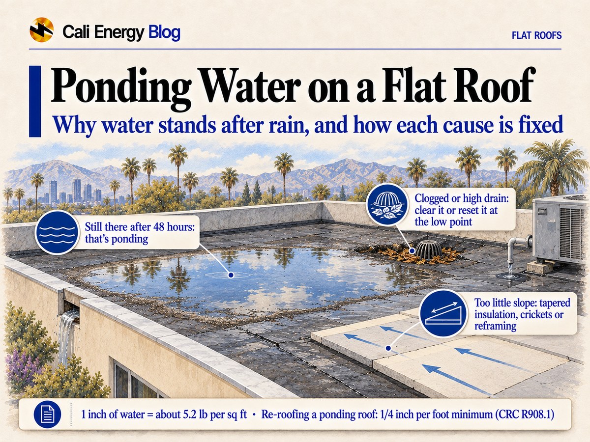 Watercolor-style illustration of a flat roof behind a parapet in Los Angeles after rain, with a wide pond ringed by dirt in a low spot, a roof drain clogged with leaves, a scupper in the parapet, a rooftop air conditioner dripping condensate and tapered insulation boards with arrows toward the drain, with palms and mountains behind