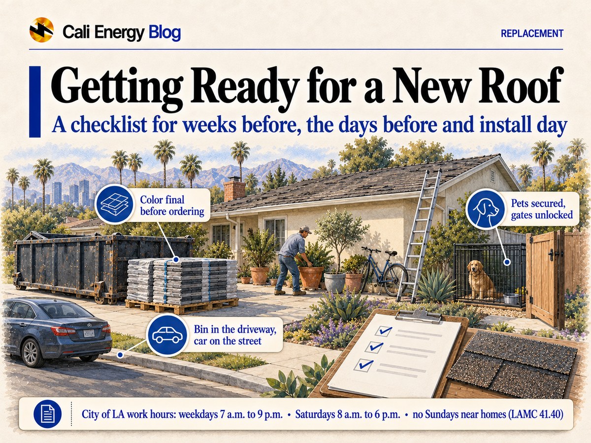 Watercolor-style illustration of a Los Angeles house the morning before a re-roof, with a debris bin and a pallet of shingle bundles in the driveway, a car parked on the street, a homeowner moving planters away from the wall, a dog in a pen by an open gate, a ladder against the house and a checklist with a shingle sample in front, with palms and mountains behind