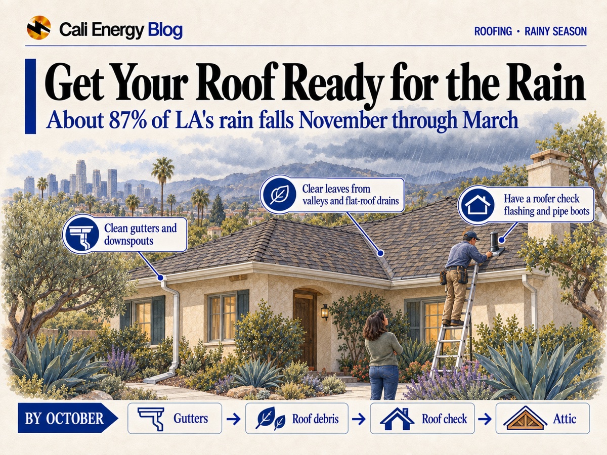 Illustration of a Los Angeles house before the first fall storm, with clean gutters and downspouts, a clear roof valley and a roofer on a ladder checking a pipe boot while the homeowner watches from the yard