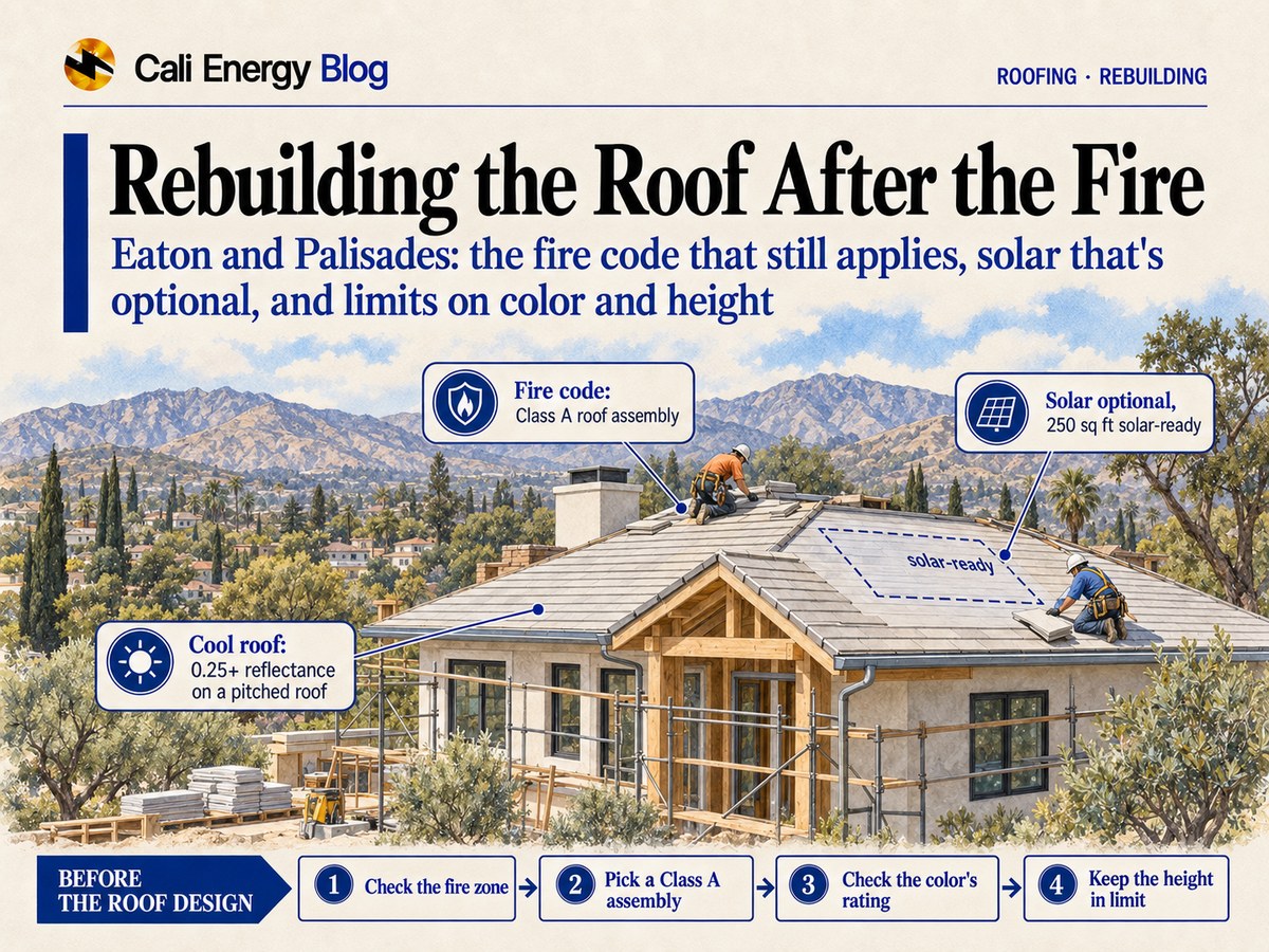 Watercolor illustration of a house being rebuilt below the San Gabriel foothills, with roofers laying light-colored roofing, a dashed solar-ready area marked on the roof and metal gutters along the eaves