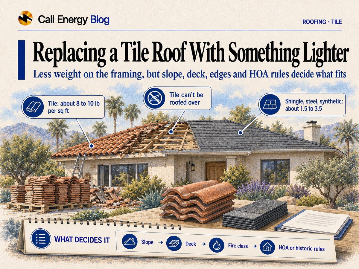 Watercolor-style illustration of a Southern California house with terracotta tile being stripped from one side of the roof and new gray shingles on the other, stacks of removed tile on a pallet, and a heavy stack of tile beside a thin bundle of shingles on a table