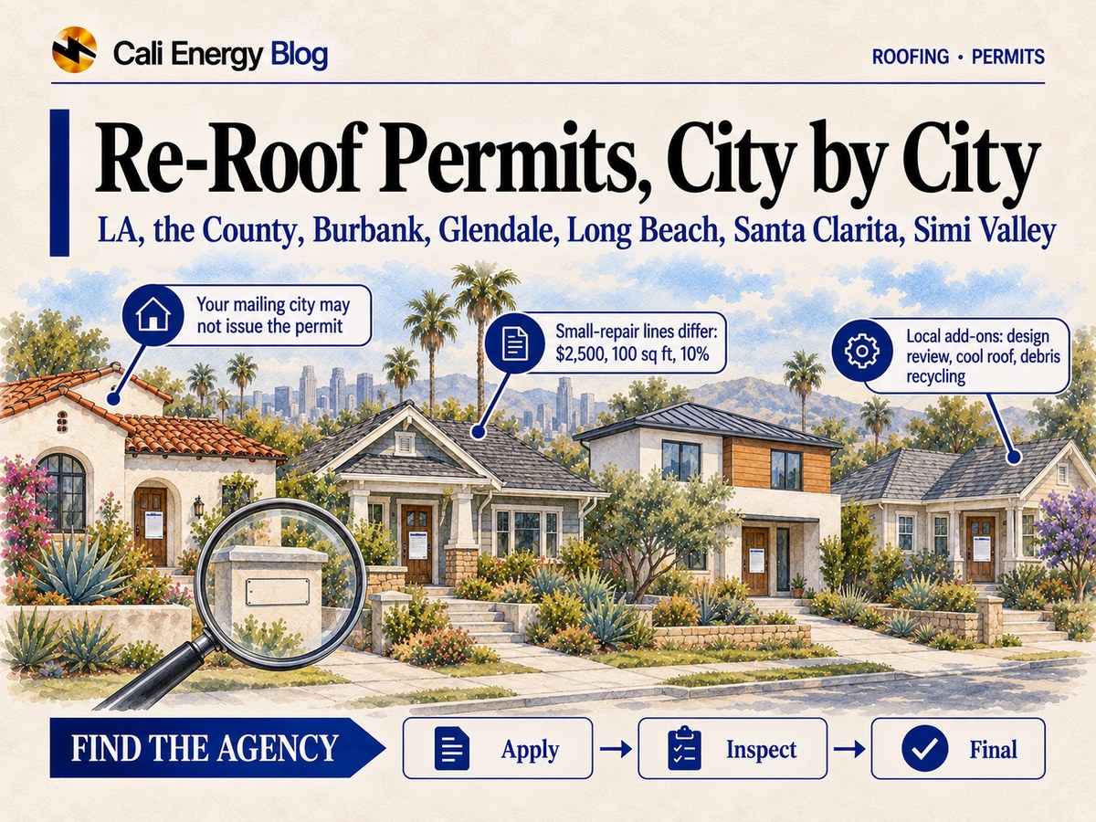 Watercolor illustration of four Southern California houses with new roofs and a permit card by each door, a magnifying glass over a blank address plaque, and the steps find the agency, apply, inspect, final