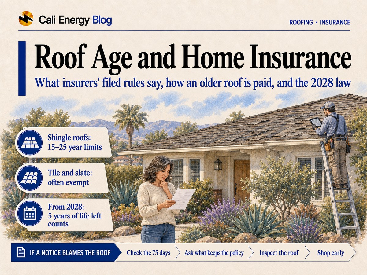 Watercolor illustration of a single-story Southern California house with a worn composition shingle roof, a homeowner in the front yard reading a letter and a roofer on a ladder checking the roof with a tablet, with palm trees and hills behind