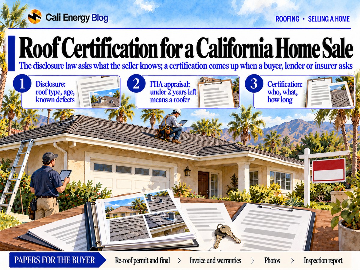 Watercolor-style illustration of a one-story Southern California house with a blank for-sale sign, a roofer inspecting the shingle roof with a tablet, another checking from a ladder, and a porch table with a binder of roof photos, forms and house keys