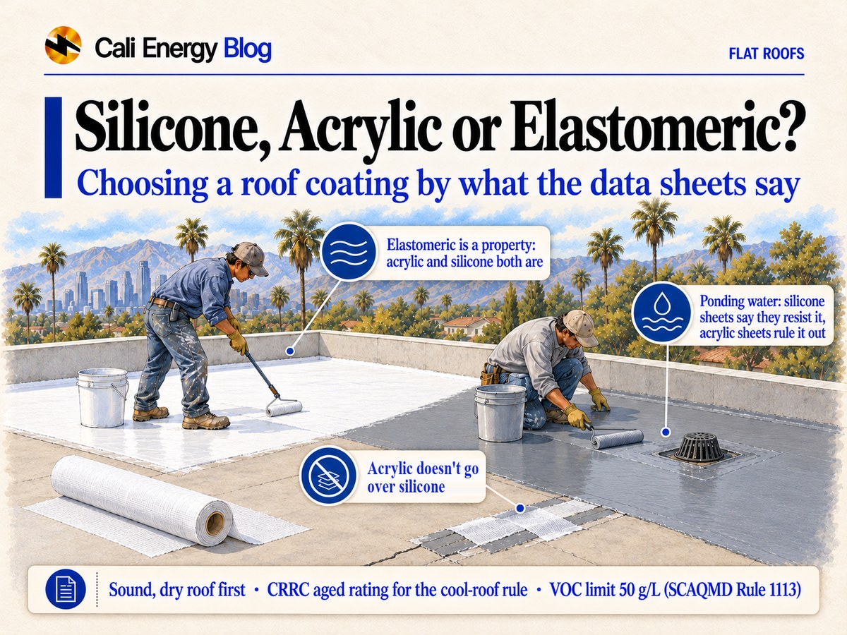 Watercolor-style illustration of a flat roof behind a parapet in Los Angeles split in two, with one roofer rolling a white acrylic coating on the left and another rolling a thicker gray silicone coating by a roof drain on the right, a roll of polyester reinforcing fabric and a fabric patch over a crack, with palms, mountains and the downtown skyline behind