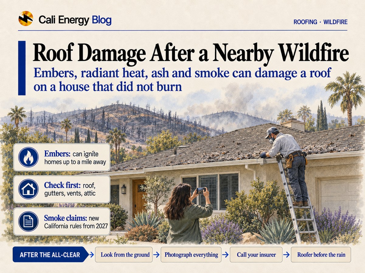 Watercolor-style illustration of an intact one-story Southern California house below burned hillsides with a light haze, gray ash on the roof and in the gutters, a roofer in gloves and a respirator checking a gutter from a ladder, and a homeowner photographing the roof