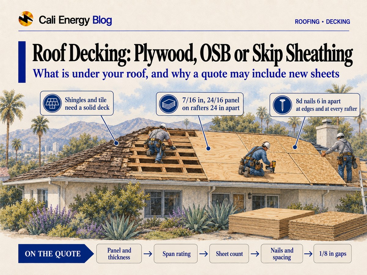 Watercolor-style illustration of a one-story Los Angeles house mid re-roof, with old wood shakes stripped from part of the roof to show spaced boards over the rafters, roofers nailing new plywood and OSB sheets with narrow gaps at the joints, and stacks of panels on the ground, with palms and mountains behind