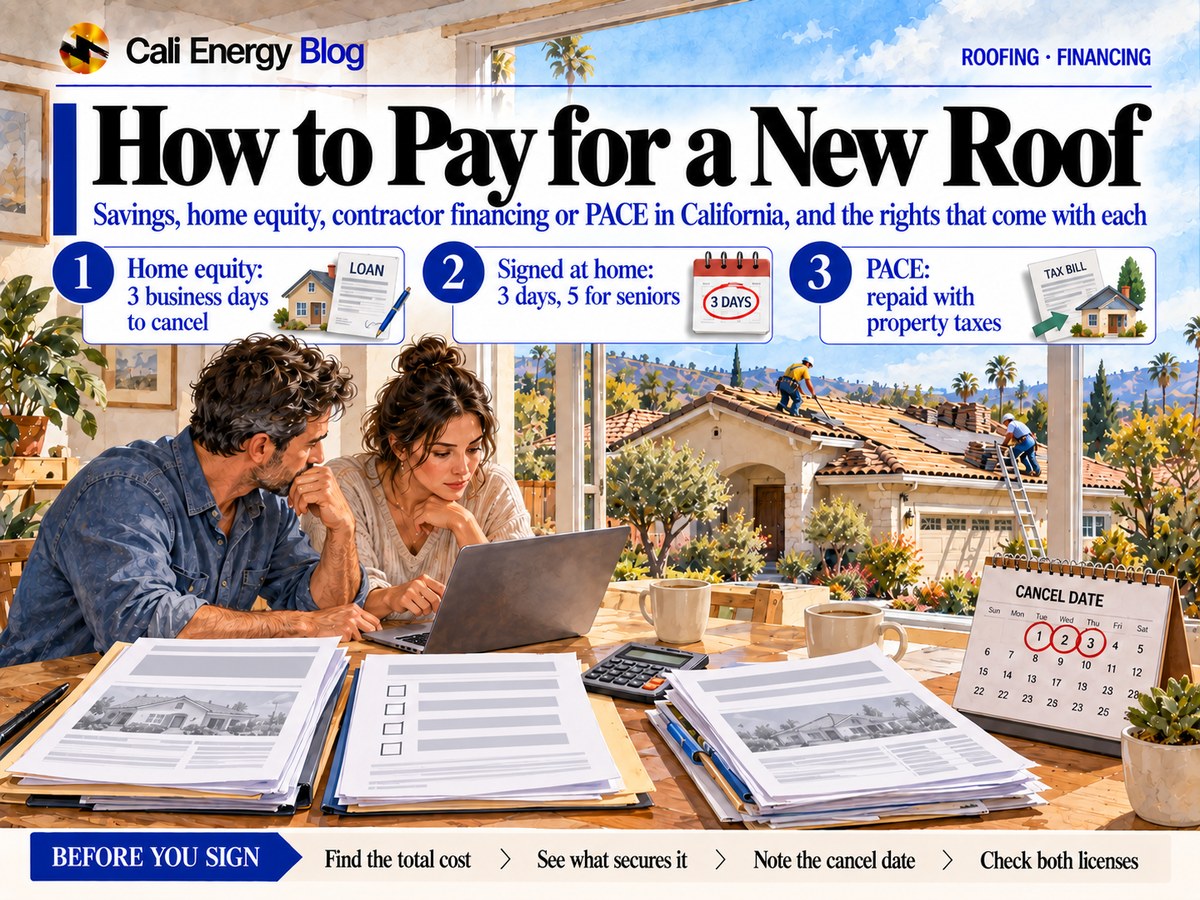 Watercolor illustration of a couple at a kitchen table with a laptop, three stacks of documents, a calculator and a calendar with three days circled, while roofers lay a new roof on the house outside