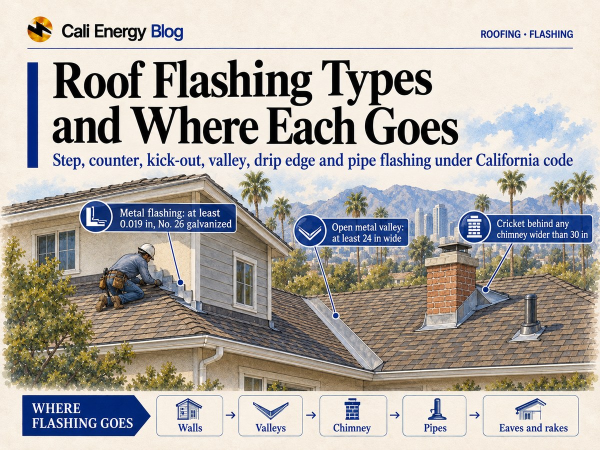 Watercolor-style illustration of a Los Angeles house with a shingle roof and a two-story addition, a roofer checking the step flashing along the addition wall, an open metal valley, a brick chimney with an apron and a cricket behind it, and a pipe flashing, with palms and mountains behind