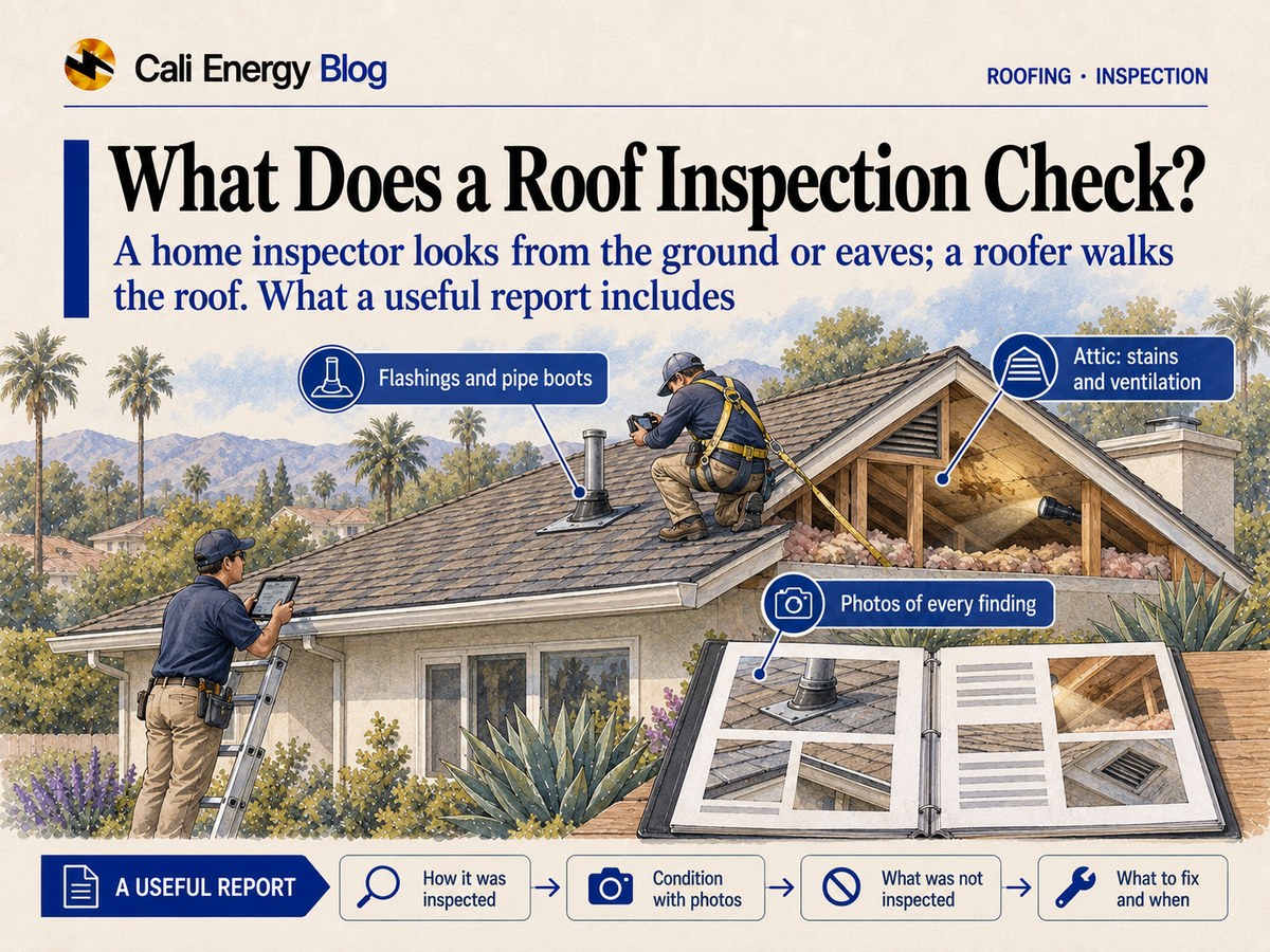 Watercolor-style illustration of a roofer in a safety harness photographing a pipe boot on a Southern California shingle roof, a home inspector on a ladder at the eaves with a tablet, a cutaway attic with a flashlight on a stain, and an open report binder of photos