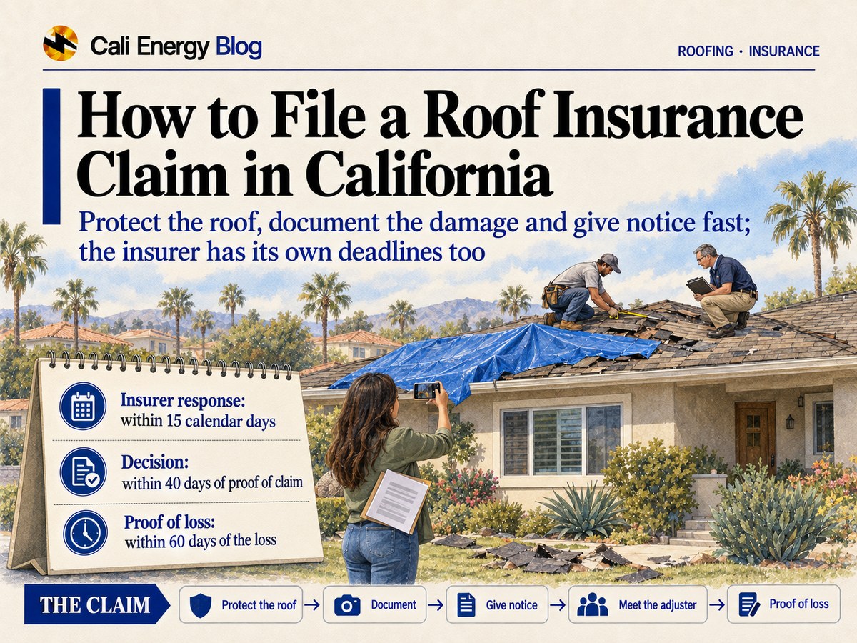 Watercolor-style illustration of a one-story Southern California house after a windstorm with a blue tarp over part of the roof, a roofer and an insurance adjuster with a clipboard inspecting the damage, torn shingles on the lawn and the homeowner photographing it with a folder of papers