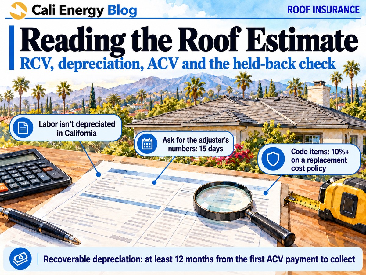 Watercolor-style illustration of an insurance roof estimate on a wooden table with a magnifying glass, a calculator and a roofer's tape measure, and a Los Angeles house with a new gray shingle roof, palms and mountains behind