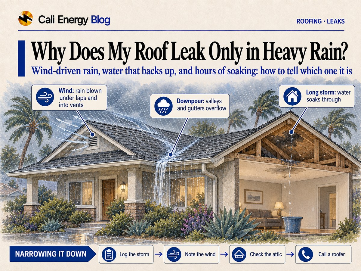 Watercolor-style illustration of a one-story Southern California house in a winter downpour, with wind blowing rain into a gable vent, water pouring from a valley over the gutter, and a cutaway room where a bucket catches a drip under a wet ceiling