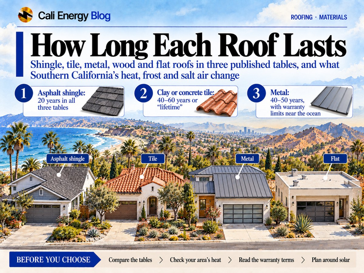 Watercolor illustration of four Southern California houses in a row, labeled asphalt shingle, tile, metal and flat, with the ocean on the left and dry inland hills and a city skyline behind them