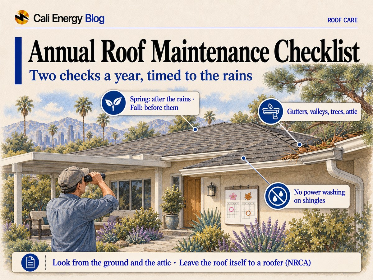 Watercolor-style illustration of a one-story Los Angeles house with a shingle roof and a flat patio cover, a homeowner on the ground checking the roof with binoculars, pine needles in the gutter and a wall calendar with spring and fall marked by the door, with palms and mountains behind