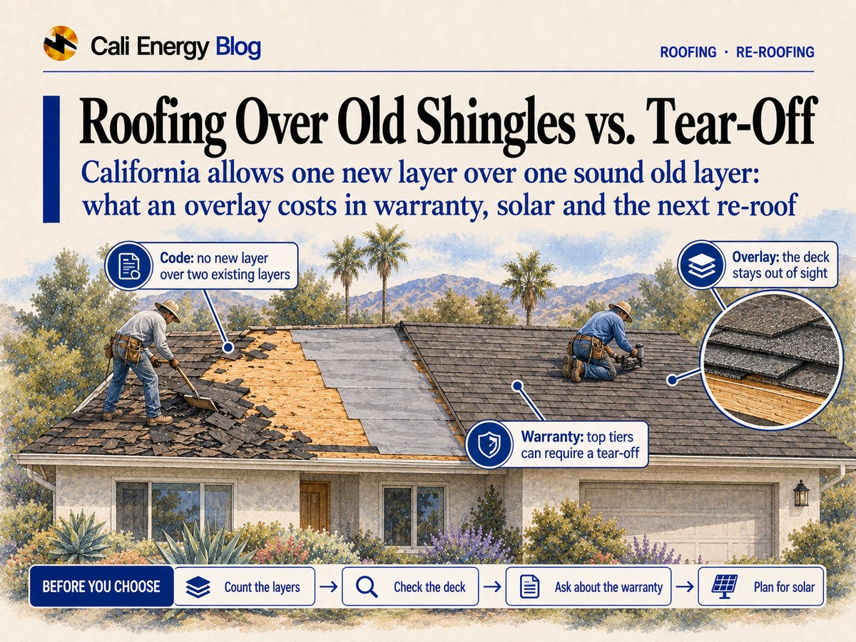 Watercolor-style illustration of a one-story Southern California house with two roofers: on the left one shovels old shingles off down to the plywood deck, part of it already under new gray underlayment; on the right another nails new shingles over the old layer, with a close-up inset showing two layers of shingles on the deck