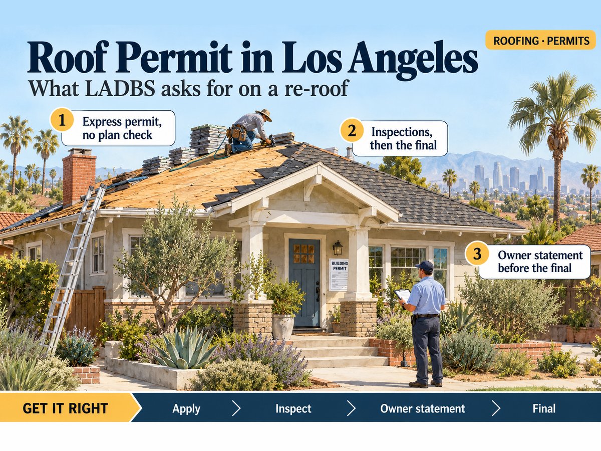 Illustration of a Los Angeles bungalow mid re-roof, with a roofer on new plywood and shingles, a building permit posted by the front door and an inspector with a clipboard in the yard