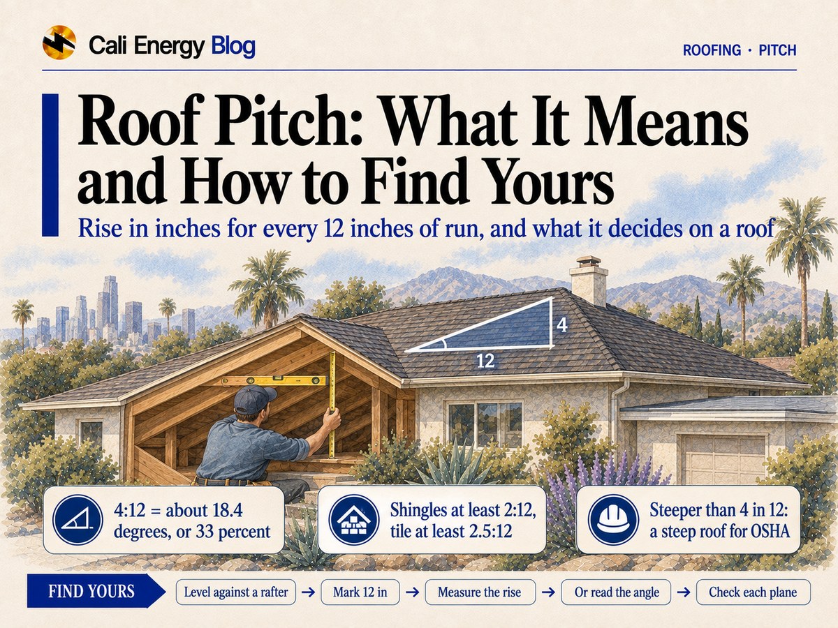 Watercolor-style illustration of a Los Angeles house with a shingle roof and a lower garage wing, a pitch triangle marked 12 and 4 drawn on the main roof, and a cutaway attic where a man holds a level against a rafter and measures the rise with a tape, with palms, mountains and the downtown skyline behind