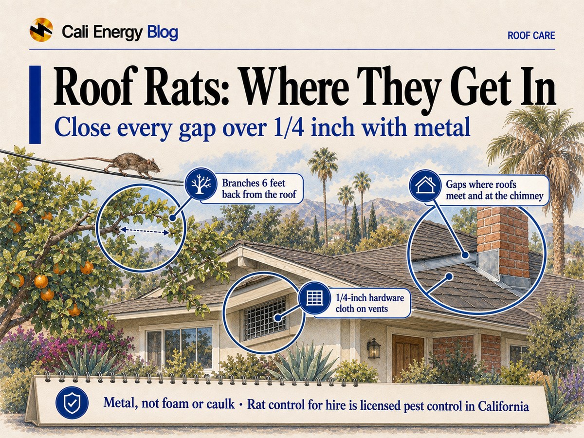 Watercolor-style illustration of a one-story Los Angeles house with a shingle roof and a brick chimney, a rat running along a utility wire toward it past an orange tree, a palm with dead fronds, and close-ups of a branch cut back from the roof, an eave vent covered with hardware cloth and metal closing the gap at the chimney