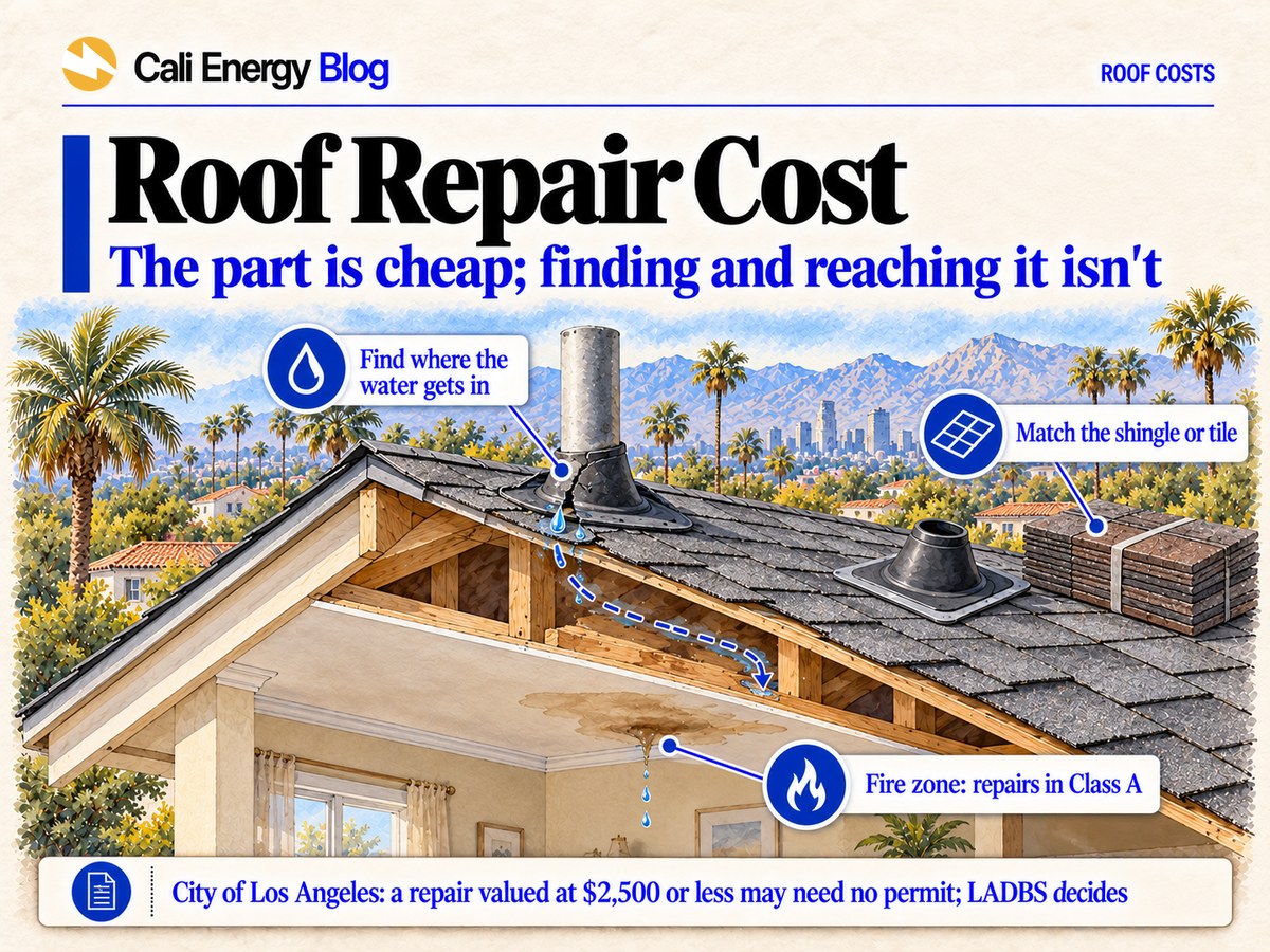 Watercolor-style illustration of a cutaway Los Angeles house with a shingle roof, where water from a cracked pipe boot runs along the deck and a rafter and stains the ceiling away from the pipe, with a new boot and a bundle of shingles on the roof and palms and mountains behind