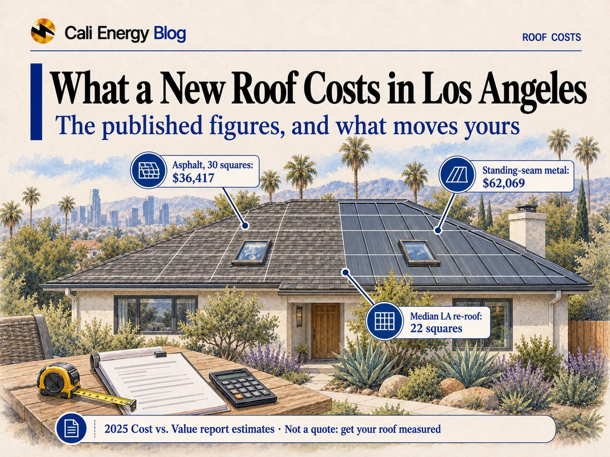 Watercolor-style illustration of a one-story Los Angeles house with a hip roof, half in gray asphalt shingle and half in standing-seam metal, a grid of 10-by-10-foot squares drawn over it and two skylights, with a tape measure, a blank estimate sheet and a calculator on a table in front and palms, mountains and the downtown skyline behind
