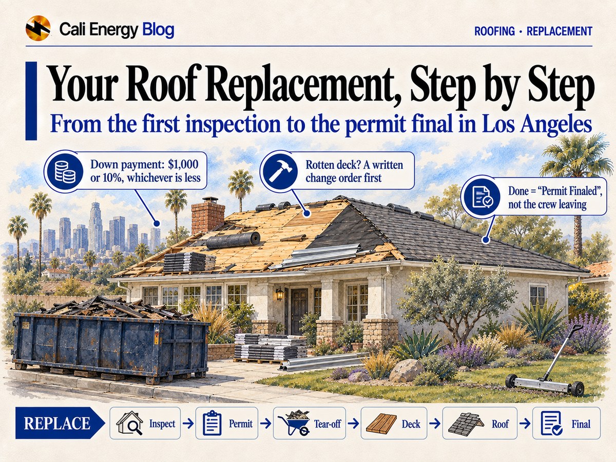 Watercolor illustration of a Southern California house during a re-roof, half of the roof stripped to new plywood with underlayment and edge metal, half finished in shingles, with a dumpster at the curb and a magnetic sweeper on the lawn