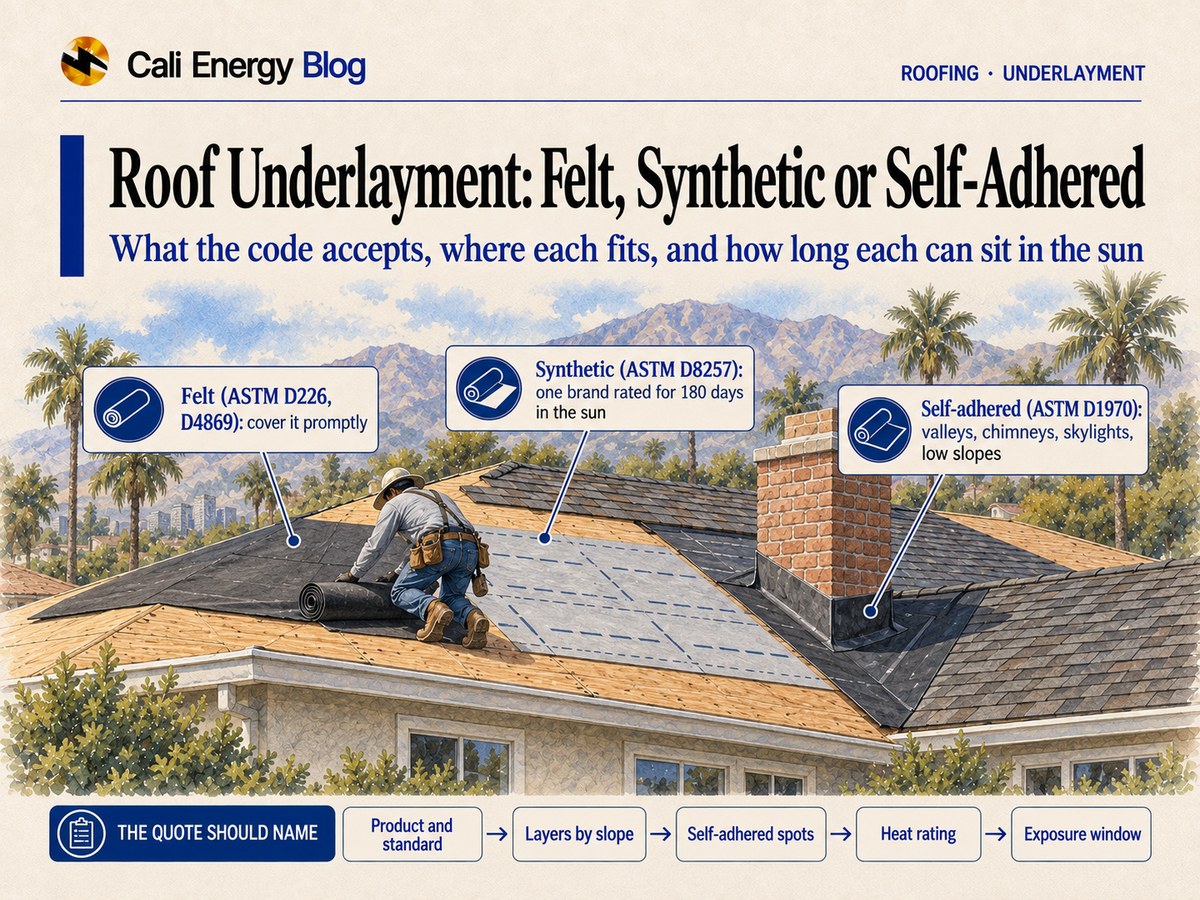 Watercolor-style illustration of a Los Angeles roof during a re-roof, with a roofer unrolling black felt over the wood deck, a light gray synthetic underlayment beside it, and a dark self-adhered membrane in the valley and around a brick chimney, with the first shingle courses above and palms and mountains behind