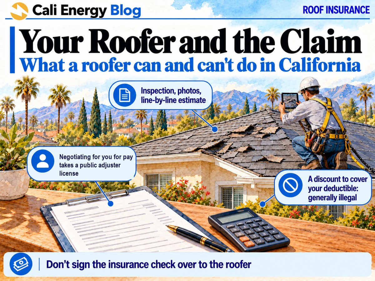 Watercolor-style illustration of a roofer in a safety harness photographing wind-damaged shingles with a tablet on a Los Angeles house, with a clipboard estimate, a pen and a calculator on a table in front; callouts read: Inspection, photos, line-by-line estimate; Negotiating for you for pay takes a public adjuster license; A discount to cover your deductible: generally illegal; Don't sign the insurance check over to the roofer