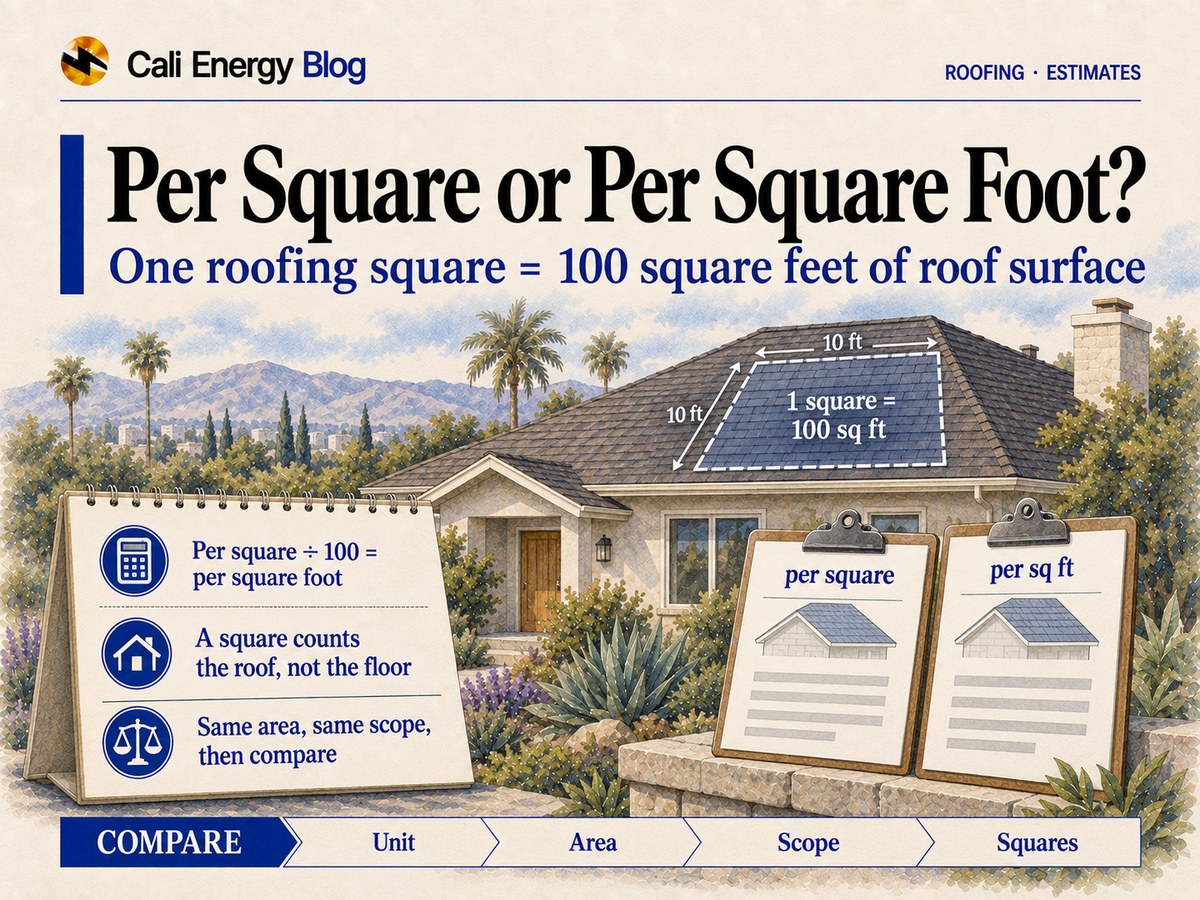 Watercolor illustration of a Southern California house with a 10-by-10-foot area outlined on the shingle roof as one square, and two estimate sheets labeled per square and per sq ft