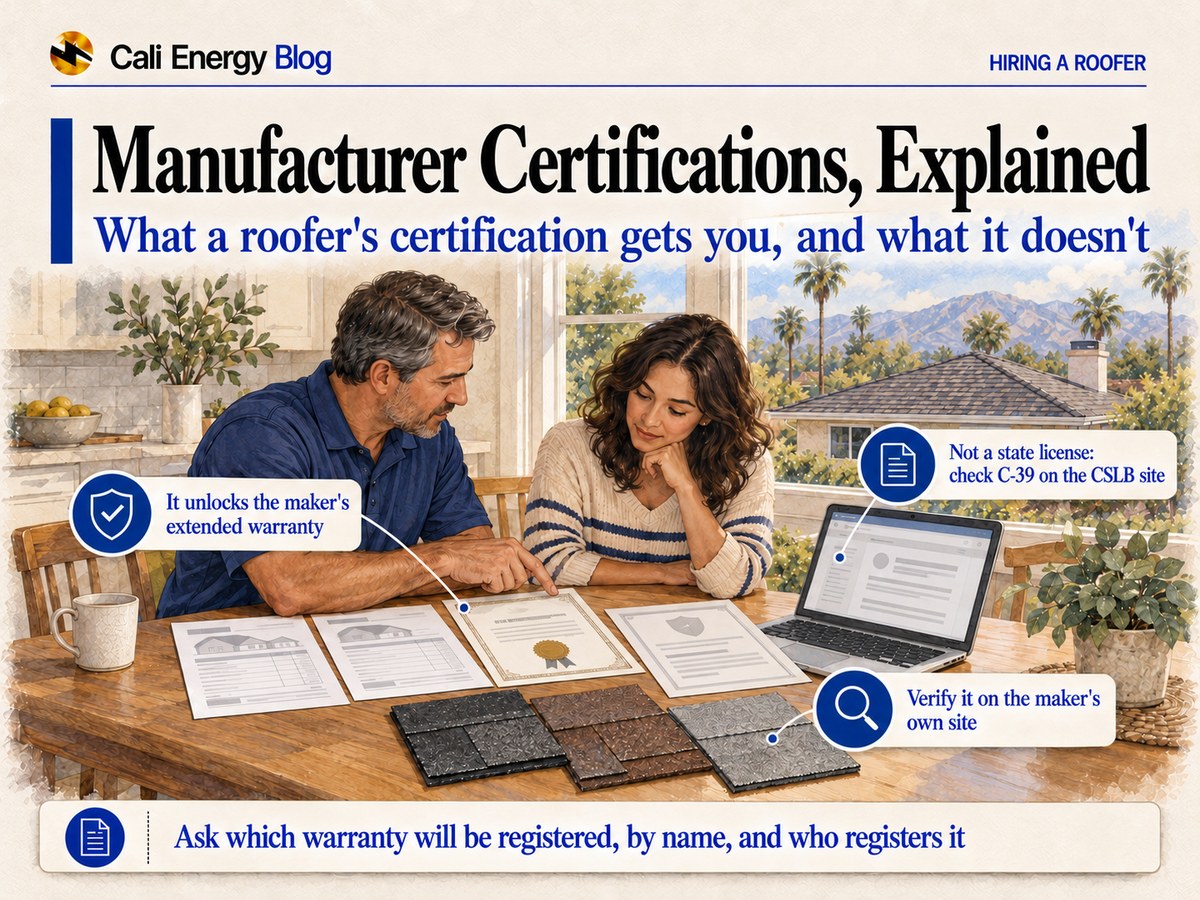 Watercolor-style illustration of a couple at a kitchen table in a Los Angeles home comparing two roofing estimates, an unbranded certificate with a seal, a warranty document, shingle samples and a laptop open to a license lookup, with a house, palms and mountains through the window