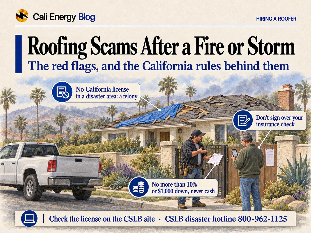 Watercolor-style illustration of a storm-damaged Los Angeles house with missing shingles and a blue tarp on the roof, where a stranger at the gate holds out a contract on a clipboard while the homeowner checks a license on his phone, with an unmarked pickup at the curb and palms and hills behind
