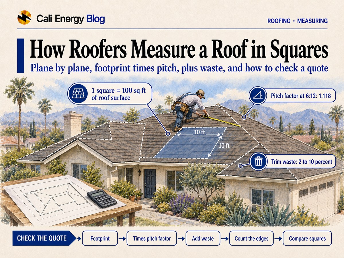 Watercolor-style illustration of a roofer measuring a shingle roof on a one-story Los Angeles house with a tape, the roof planes outlined in dashed lines and one 10-by-10-foot square shaded, and a sketched roof plan with a calculator on a table in the yard, with palms and mountains behind