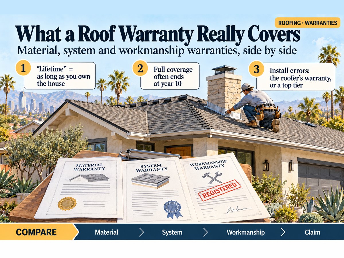 Illustration of a Southern California house with a new shingle roof and a roofer checking chimney flashing, with material, system and workmanship warranty papers laid out in front