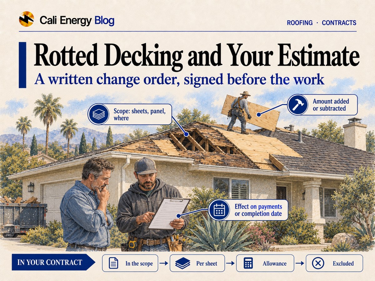 Watercolor illustration of a Southern California house during a re-roof, with part of the deck cut open to the rafters and new plywood sheets going in, while a contractor shows the homeowner a change order on a clipboard