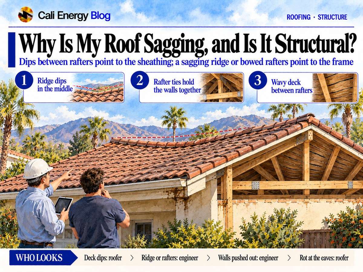 Watercolor-style illustration of a one-story Southern California house with a clay tile roof whose ridge dips in the middle, a cutaway of the rafters, ridge and ceiling ties, and an engineer with a tablet pointing out the sag to the homeowner
