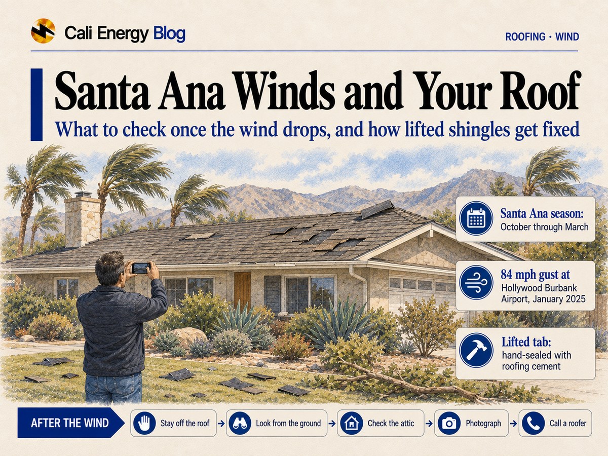 Watercolor-style illustration of a one-story San Fernando Valley house after a Santa Ana windstorm, with lifted and missing shingles on the roof, shingle pieces and a broken branch on the lawn, palms bending in the wind against dry mountains, and the homeowner photographing the roof from the yard