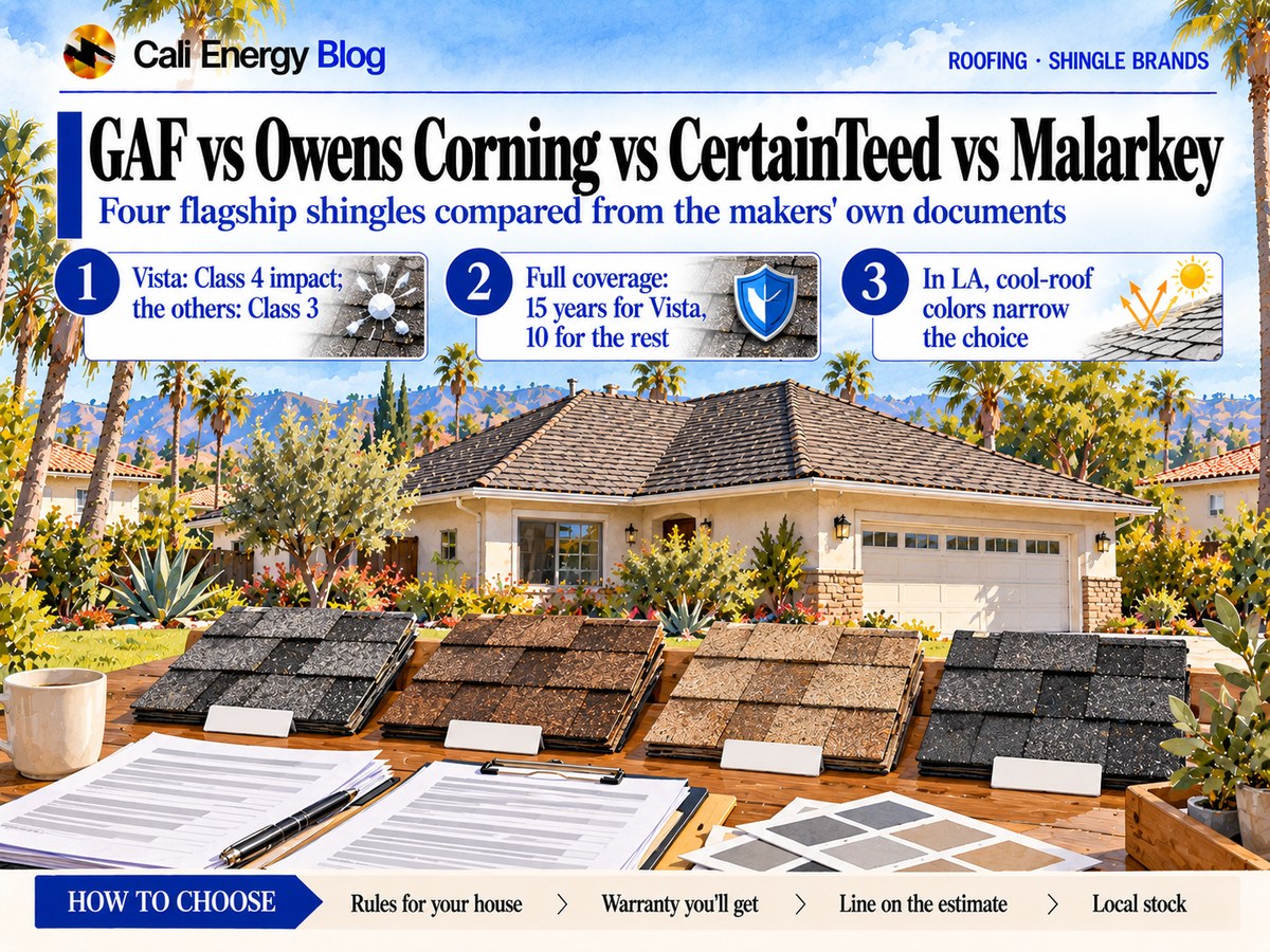 Watercolor-style illustration of four architectural shingle samples in gray, brown, sand and dark tones with blank labels on a table, in front of a one-story Southern California house with a new shingle roof