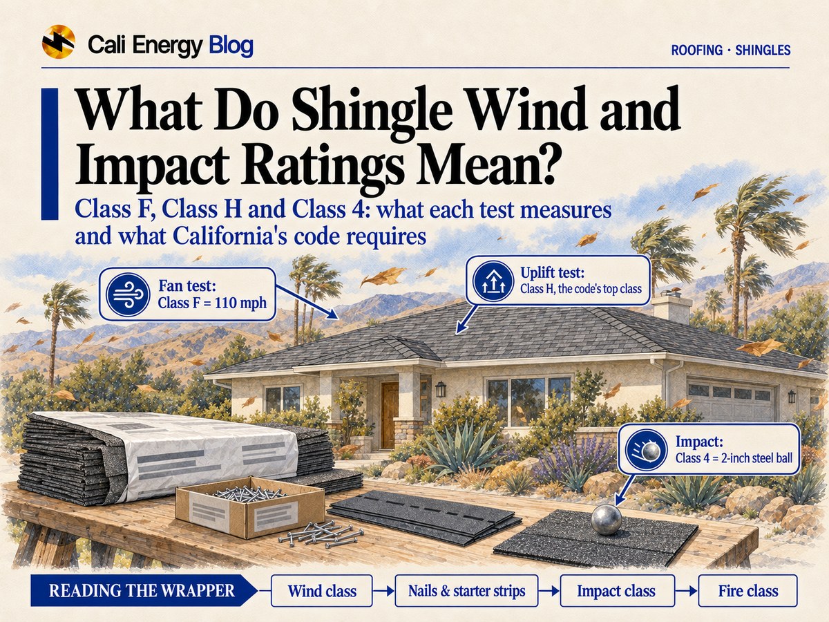 Watercolor-style illustration of a one-story Southern California house with a new gray shingle roof as palms bend in a dry wind, and a shingle bundle, a box of roofing nails, starter strips and a steel ball on a work table in the foreground
