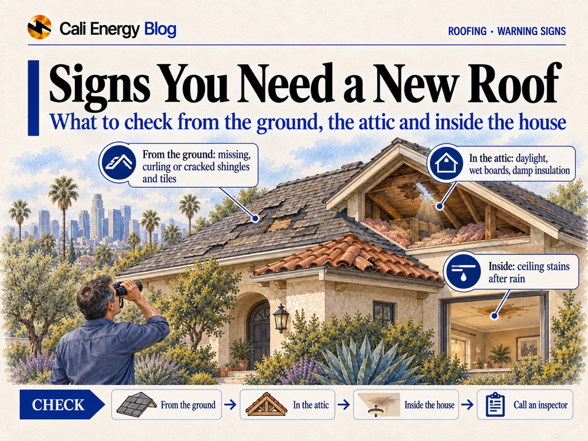 Illustration of a homeowner checking a Los Angeles house's roof from the yard with binoculars, with a cutaway of the attic showing daylight through the boards and a ceiling stain inside