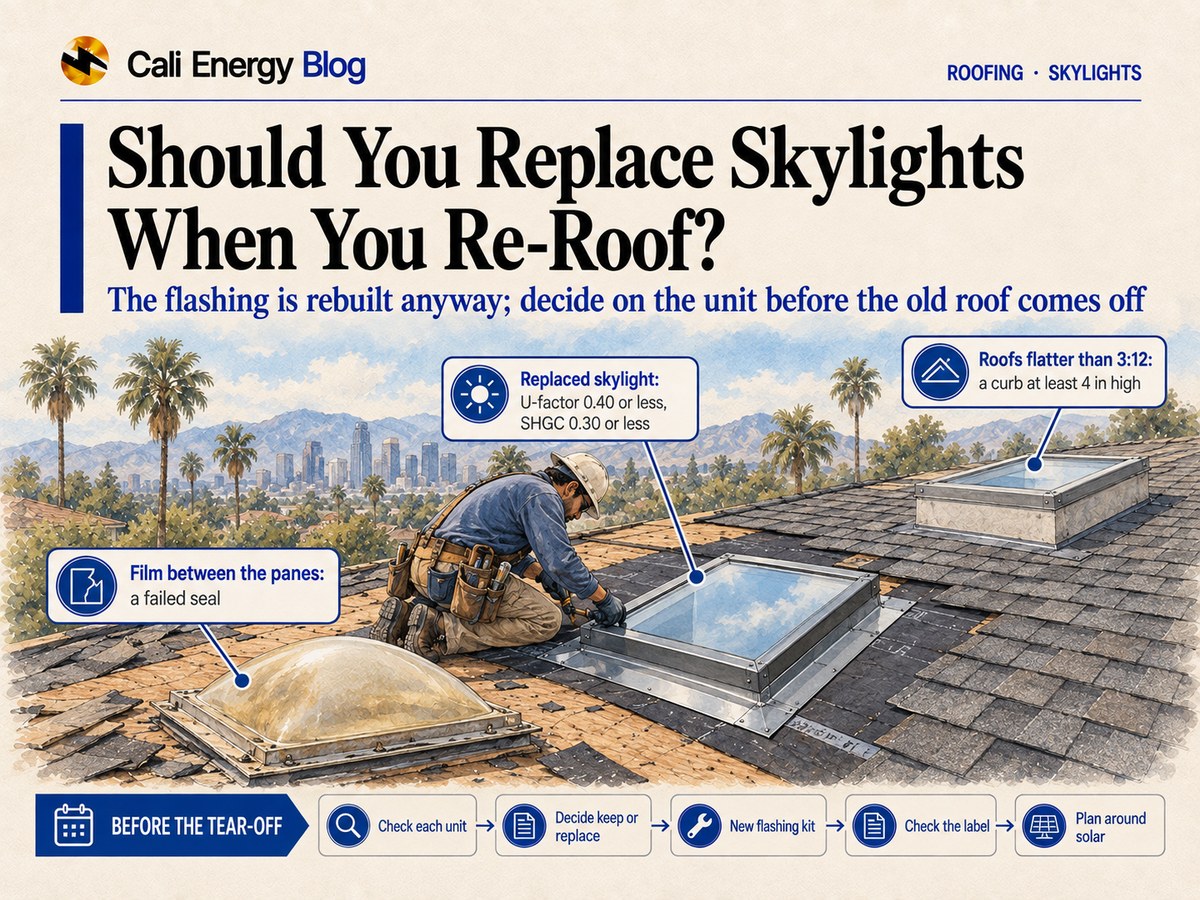 Watercolor-style illustration of a Los Angeles roof mid re-roof, with an old yellowed plastic skylight dome taken off and set aside, a roofer fitting a new glass skylight with metal flashing into the opening over new underlayment, and a second skylight on a curb farther up the slope, with palms, mountains and the downtown skyline behind