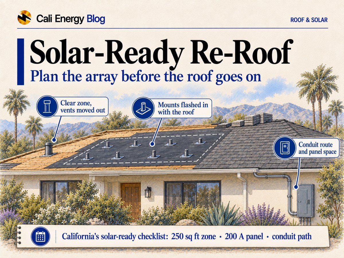 Watercolor-style illustration of a one-story Los Angeles house mid re-roof: new underlayment on the open deck with a dashed outline marking the future solar zone and rows of flashed mounts inside it, a vent pipe left outside the zone, new shingle on the rest of the roof, and conduit running from the roof to the electrical panel on the wall