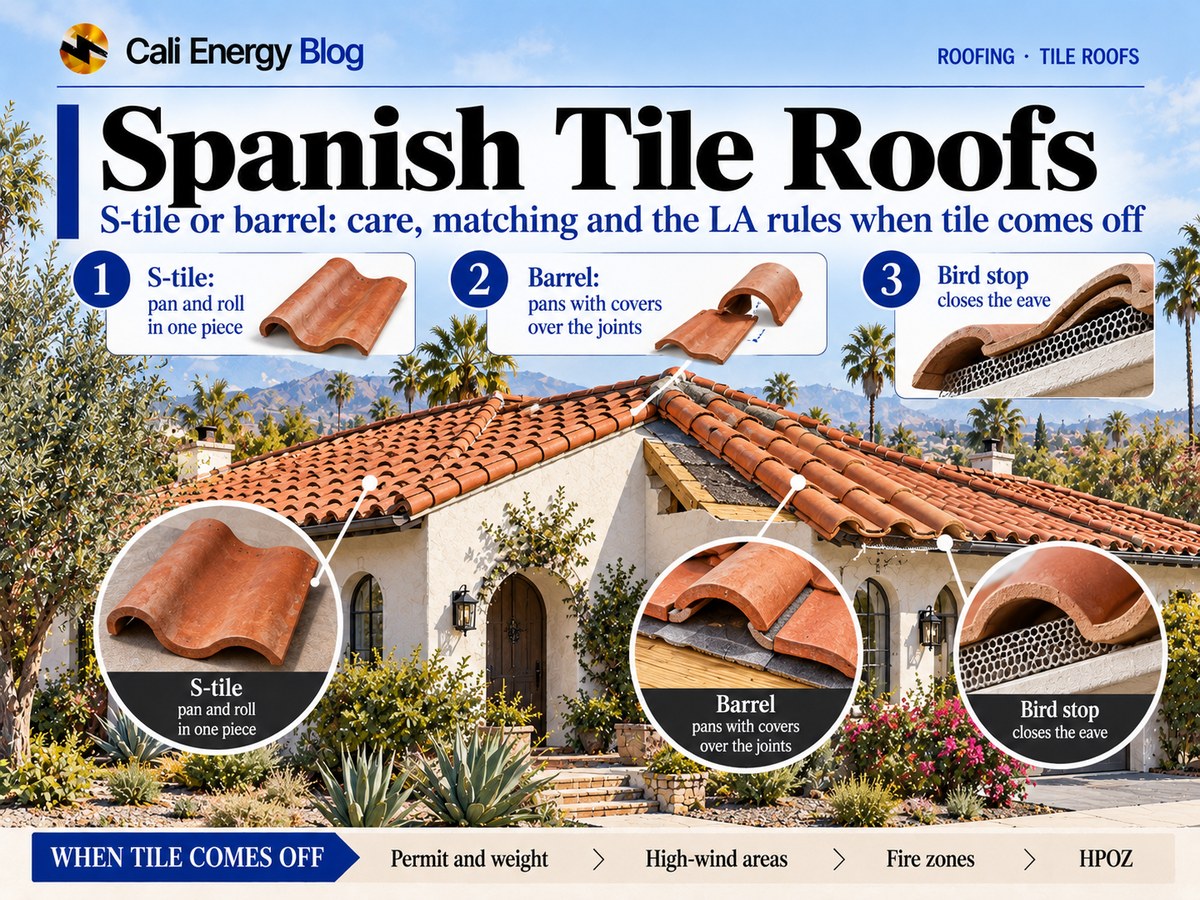 Illustration of a Los Angeles Spanish Colonial Revival house with white stucco and a red clay tile roof, a cutaway of two-piece barrel tile over underlayment and a wood deck, and close-ups of a one-piece S-tile, barrel pans with covers and a bird stop at the eave
